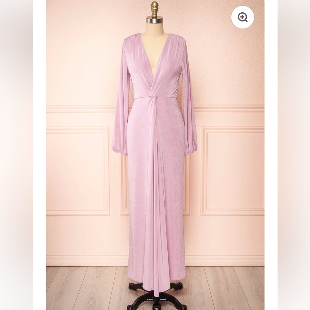 Elegant Lilac Long-Sleeve Draped Evening Dress - Picture 4 of 16